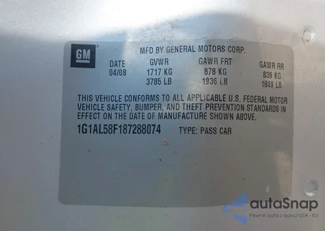 2008 Chevrolet Cobalt Lt из США, поврежденный, VIN 1G1AL58F187288074